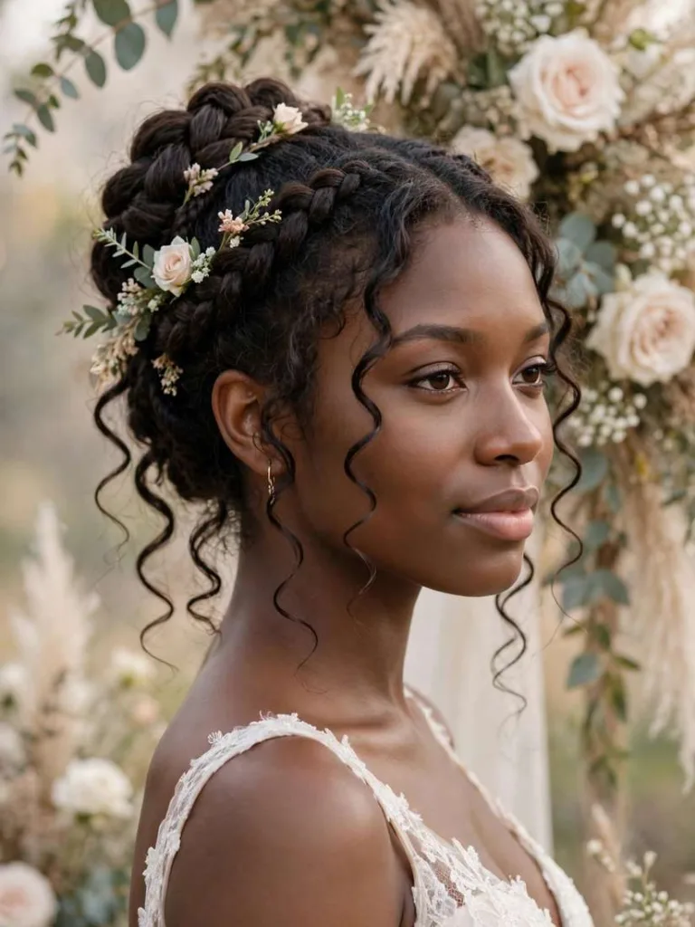 Wedding-ready boho braid updo with curls escaping at nape and temples