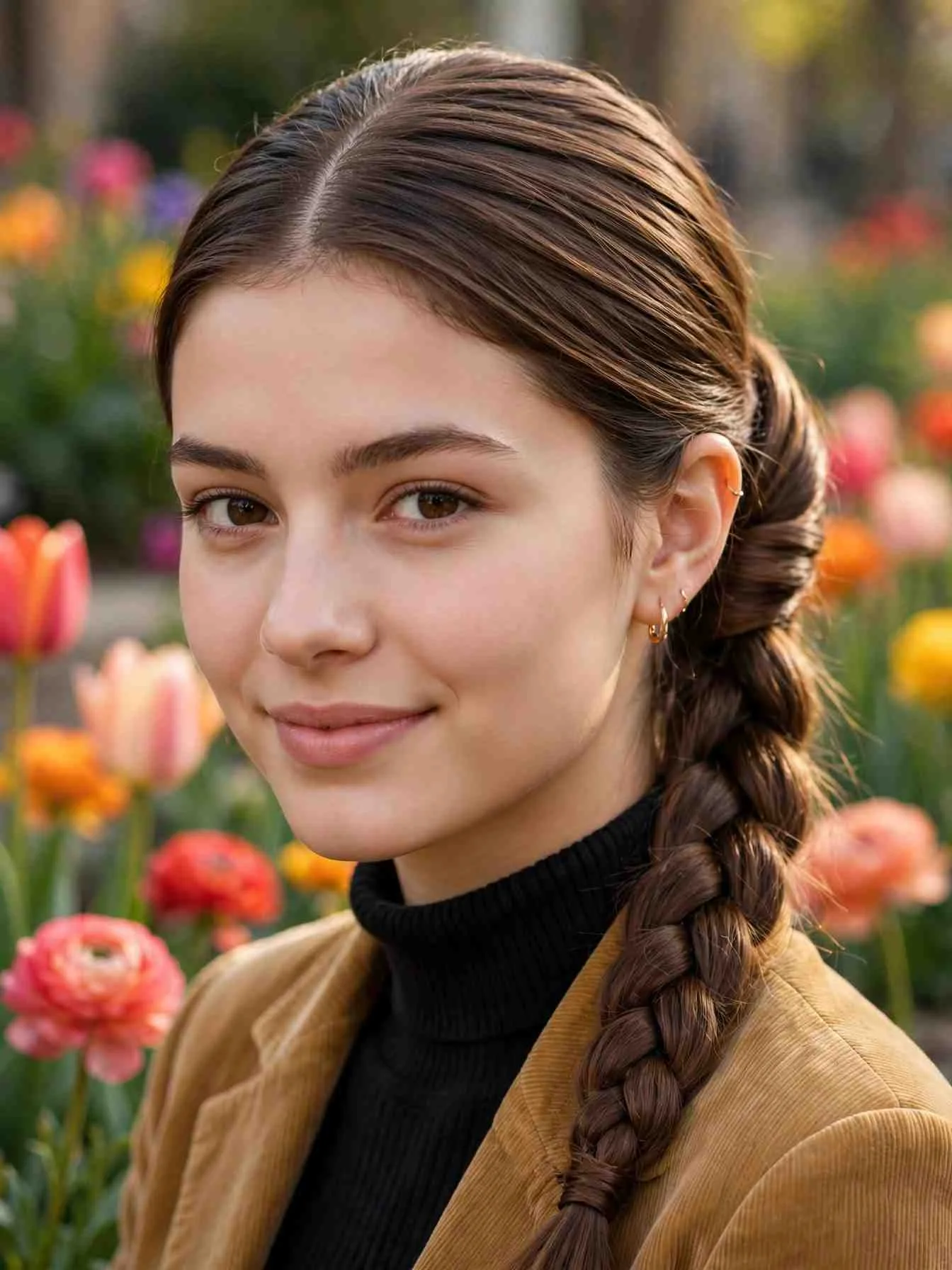 Low braided ponytail with the base wrapped in hair