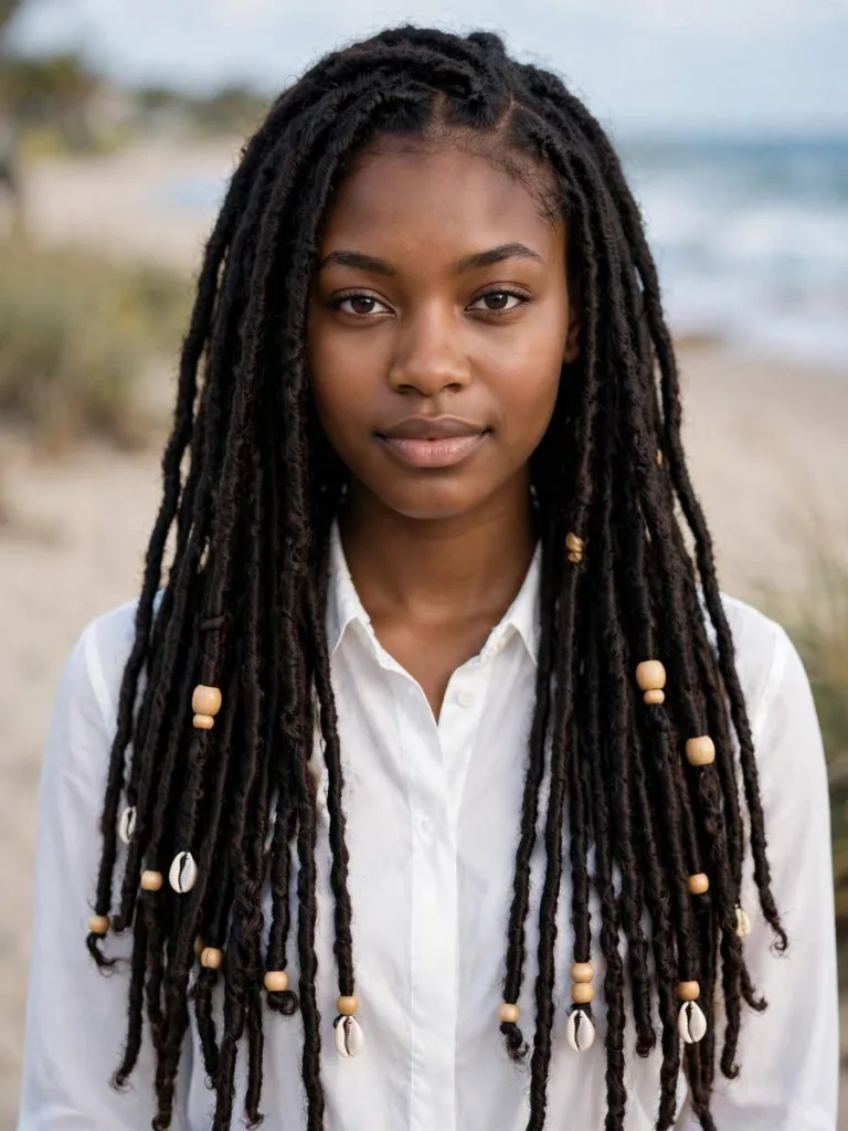 Woman with faux locs with light beads and shells at several points along the locs