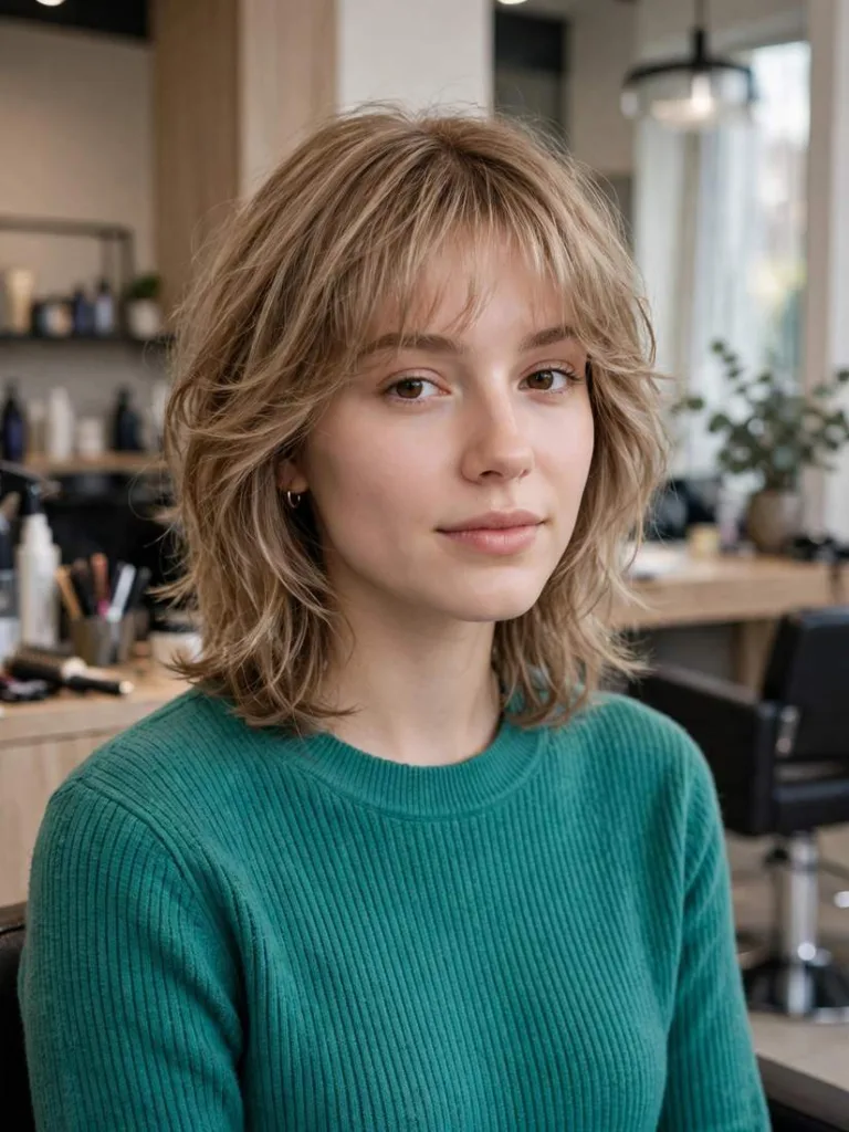 Cloud Bangs With Medium Layers haircut on a woman in a bright salon, a 2026 hair trends idea