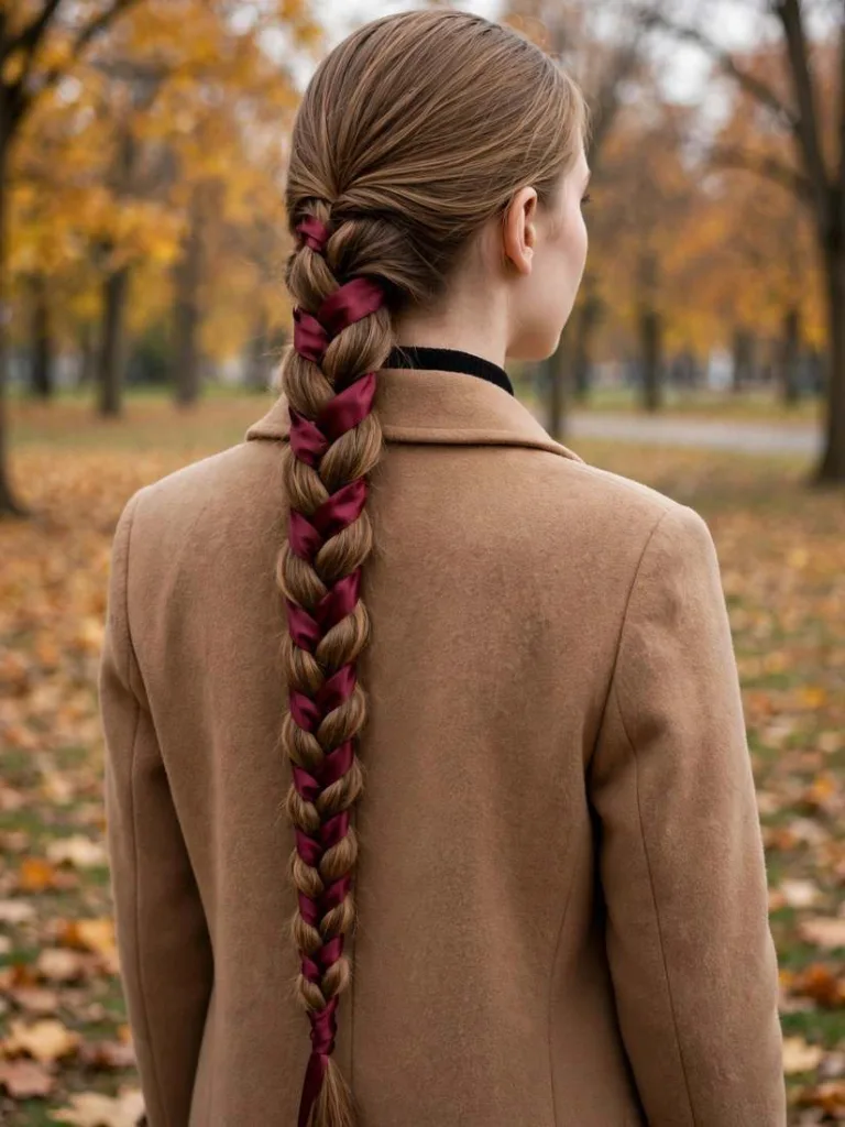 Three-strand braid with a burgundy ribbon woven through it