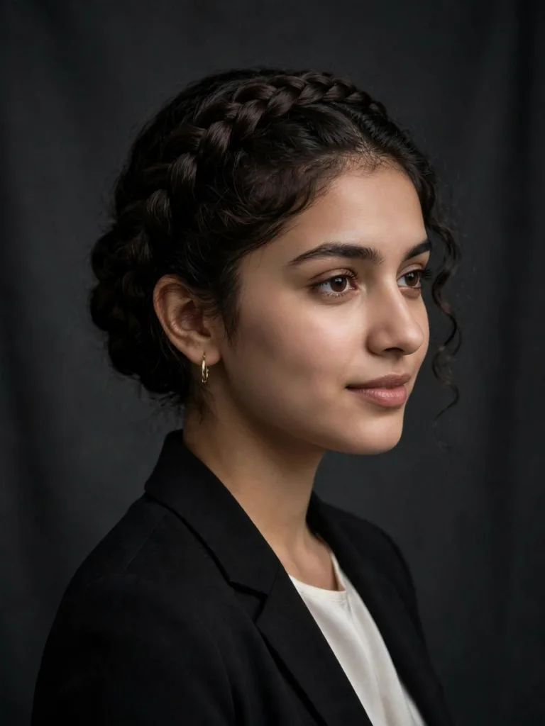 Sleek Crown Braid Updo on a woman in her early 20s, braided crown hairstyle