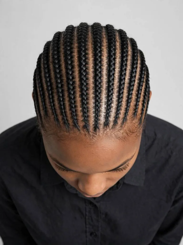 Top view of flat cornrows braided as a wig base