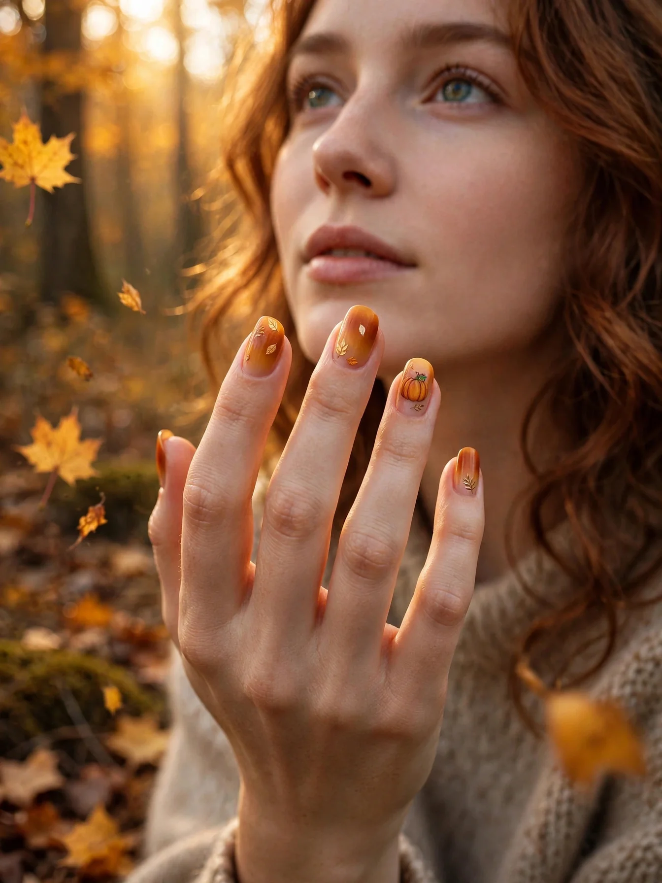 Amber gradient nails with hand-painted falling leaves and pumpkin