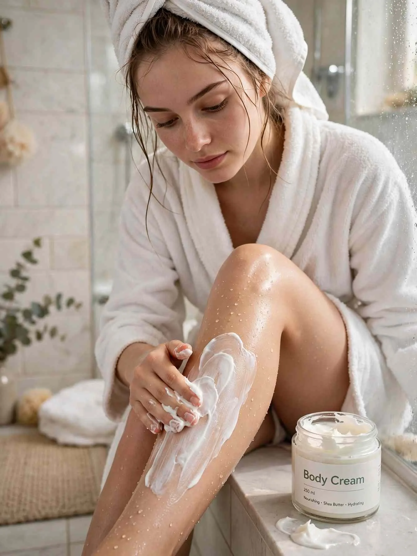 Woman applying body cream to her damp lower leg after a shower, a labeled Body Cream 250 ml jar beside her