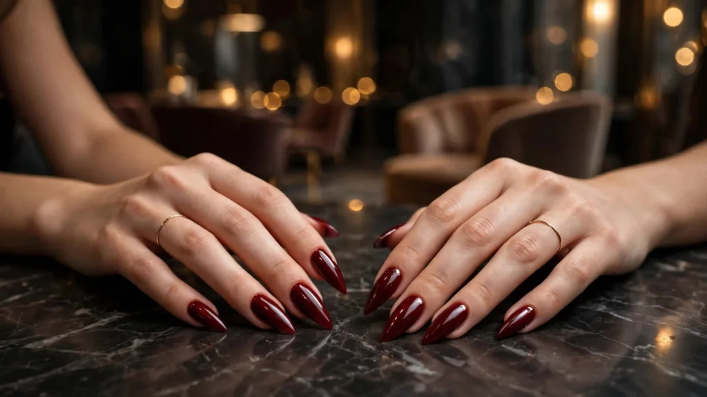 Mob wife nails in dark cherry red on stiletto nails with gold rings against a lounge at night