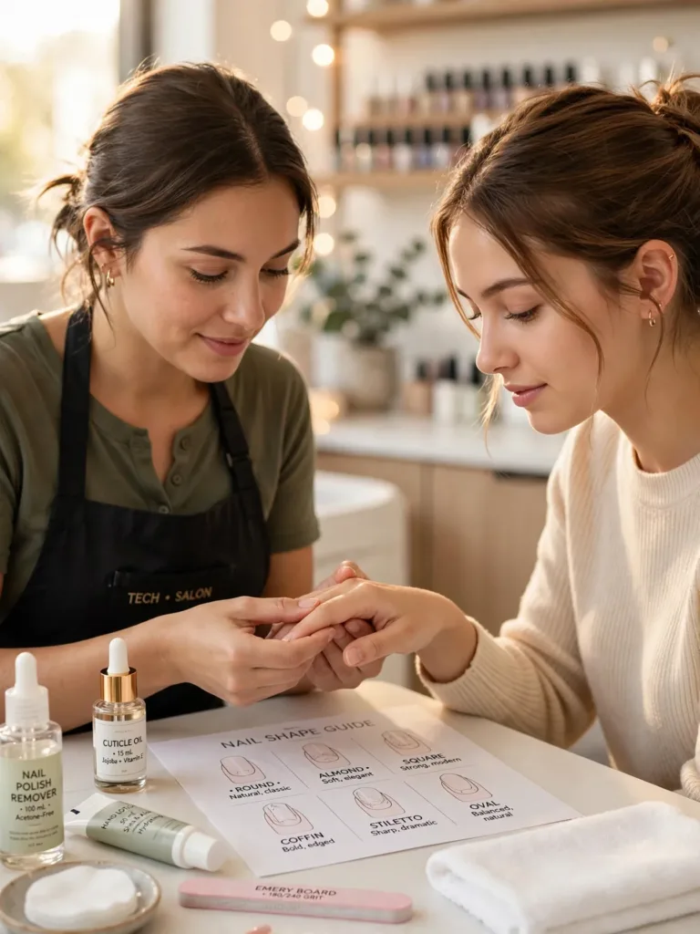 Client showing a nail shape chart to a nail technician during a salon consultation