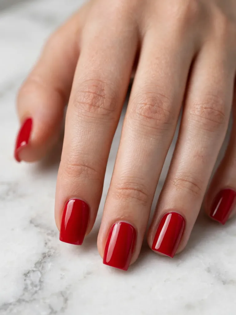 Close-up of a hand with square-shaped nails in red polish with straight edges and crisp corners