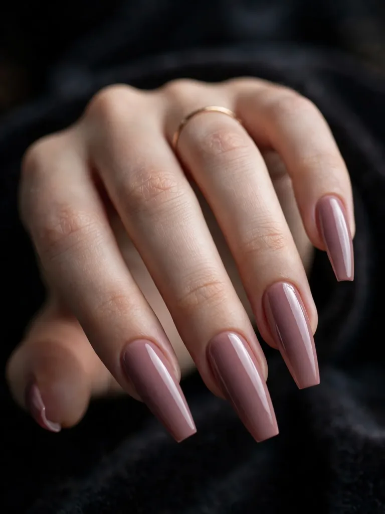 Close-up of long coffin-shaped nails in mauve polish with tapered sides and a flat narrow tip