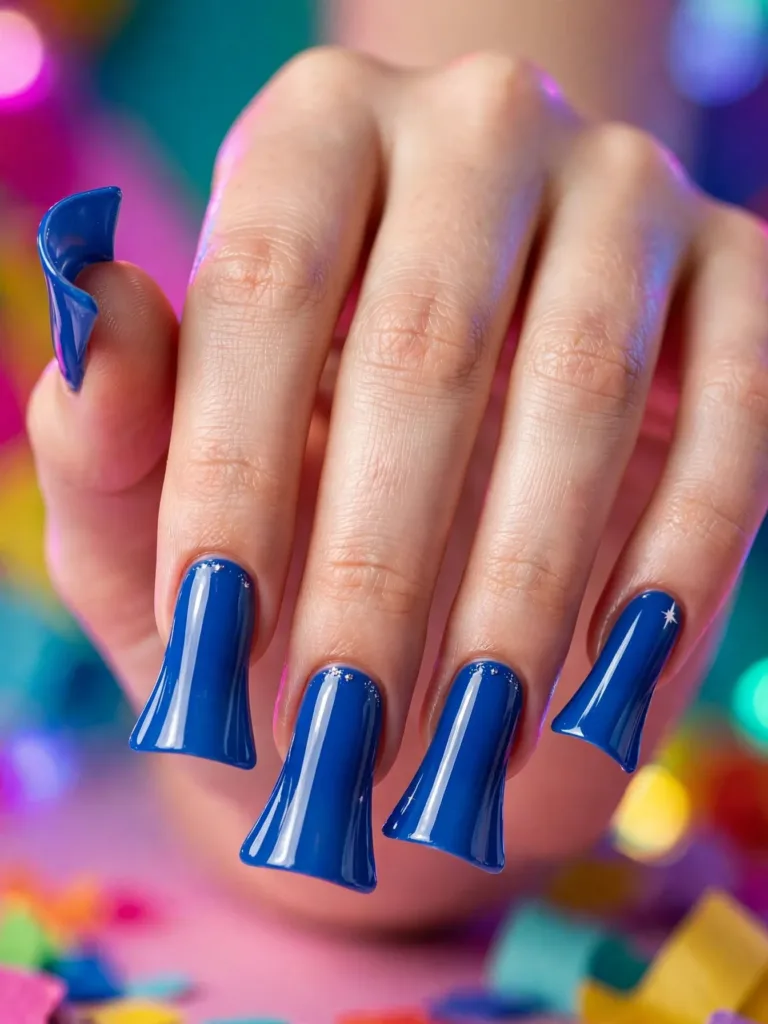 Close-up of flare-shaped acrylic nails in bold blue polish widening to a broad tip