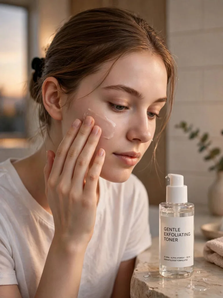 Woman applying exfoliating treatment during her night skincare routine