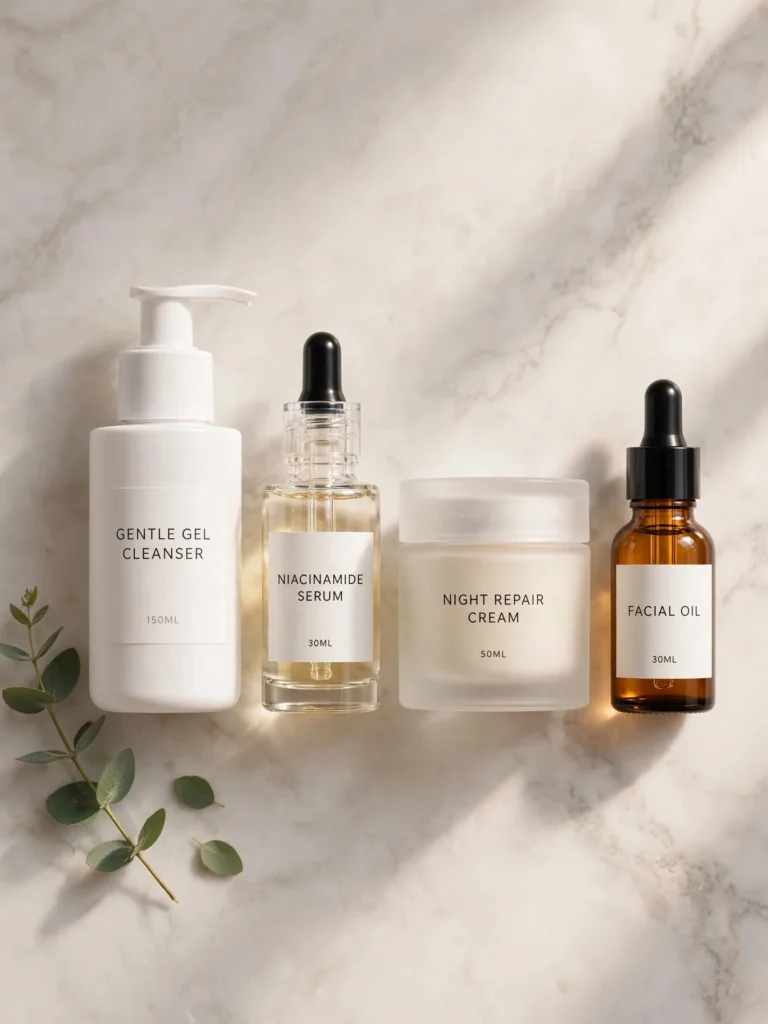 Night skincare products arranged in layering order from thinnest to thickest