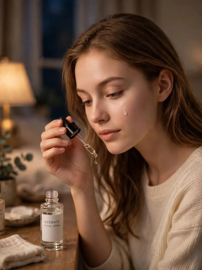 Woman applying facial serum during her nighttime skincare routine
