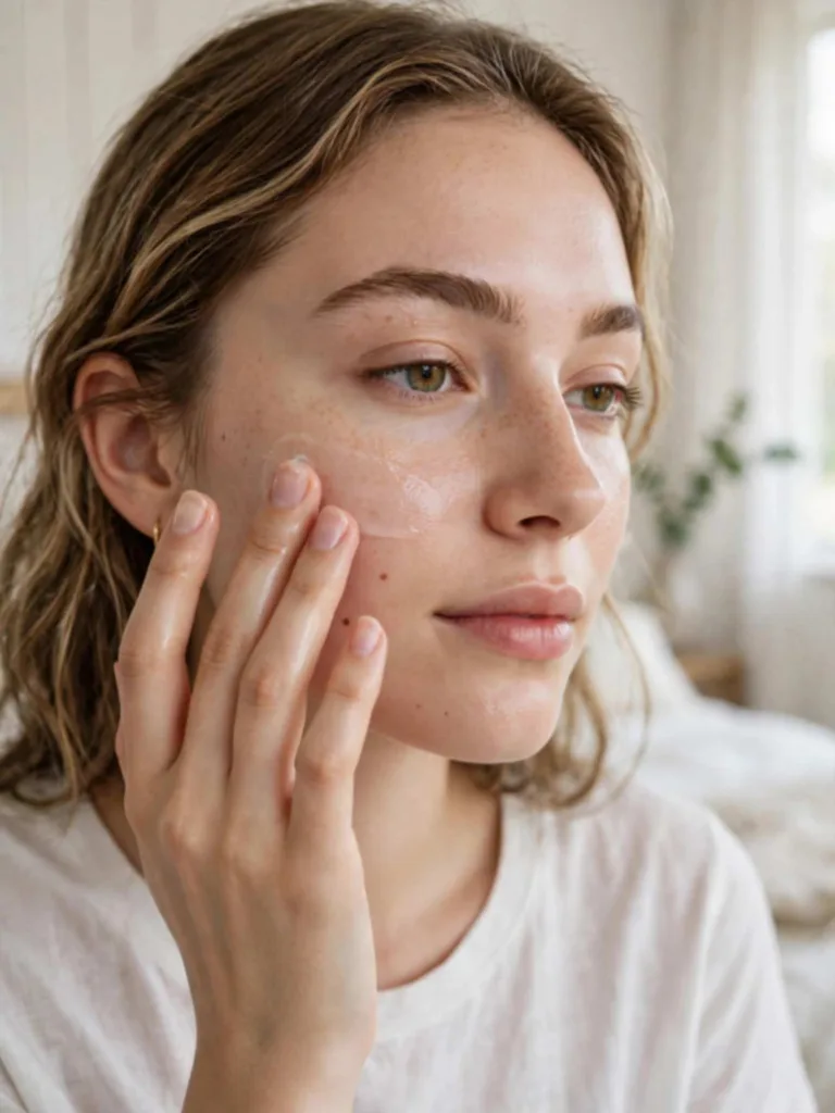 Close-up of a woman applying lightweight oil-free gel moisturizer to her cheek