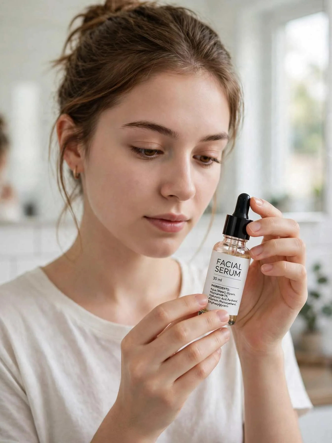 Reading the ingredient label on a facial serum bottle before the bathroom mirror