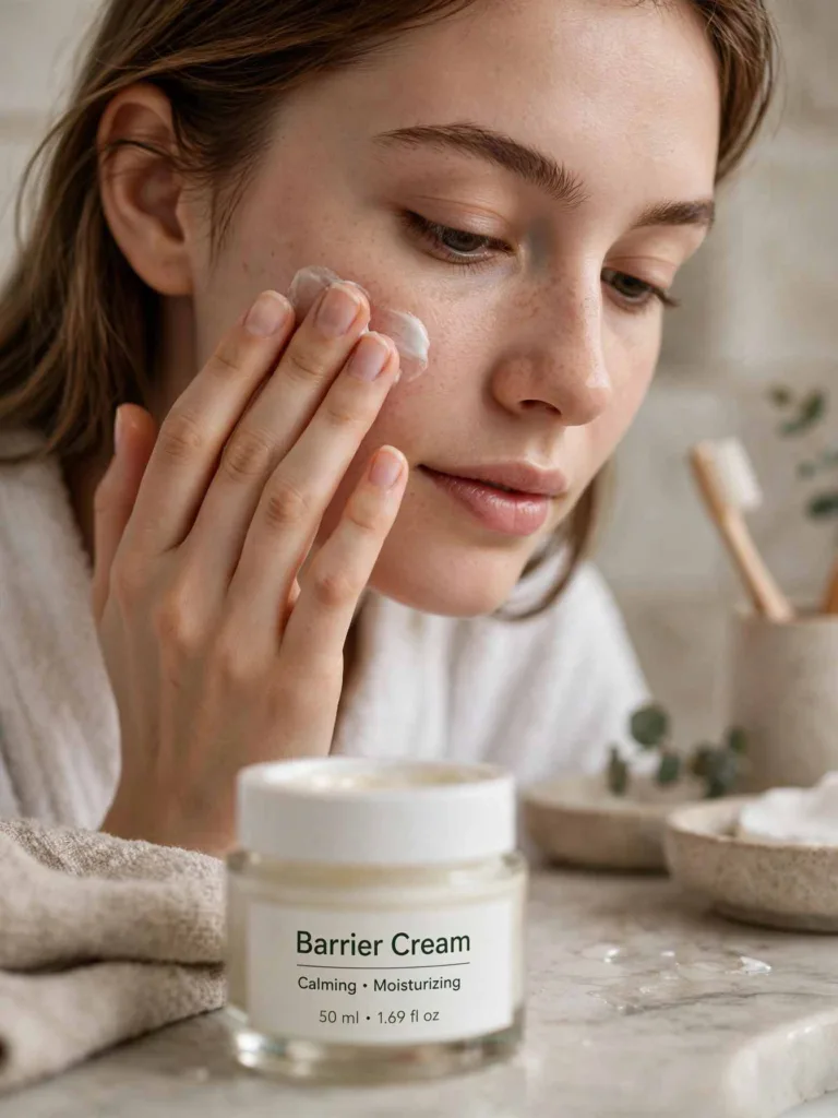 Woman pressing moisturizer onto her cheek with her fingertips, a labeled Barrier Cream 50 ml jar in the foreground
