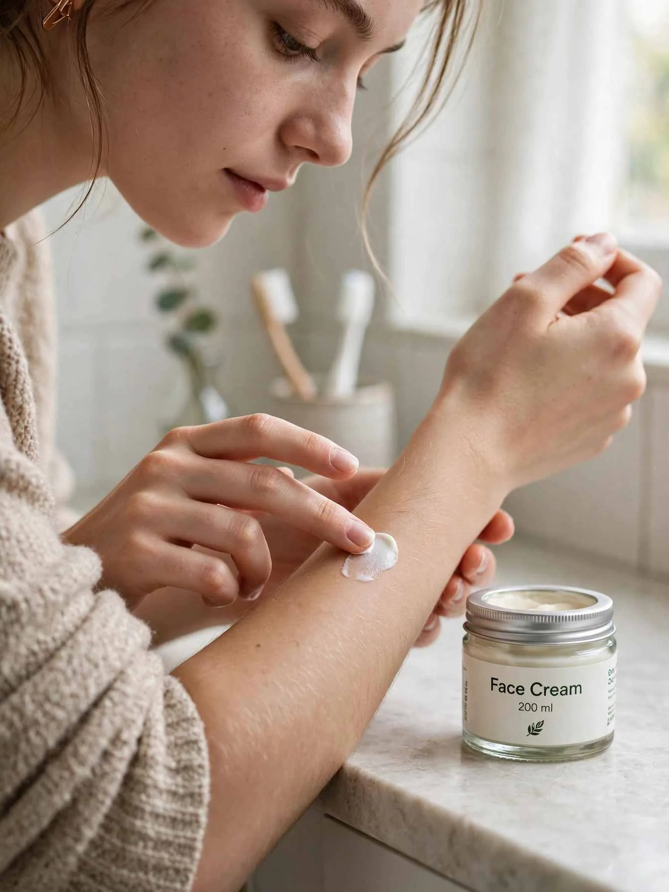 Woman applying a small patch of face cream to her inner forearm, a labeled Face Cream 200 ml jar beside her
