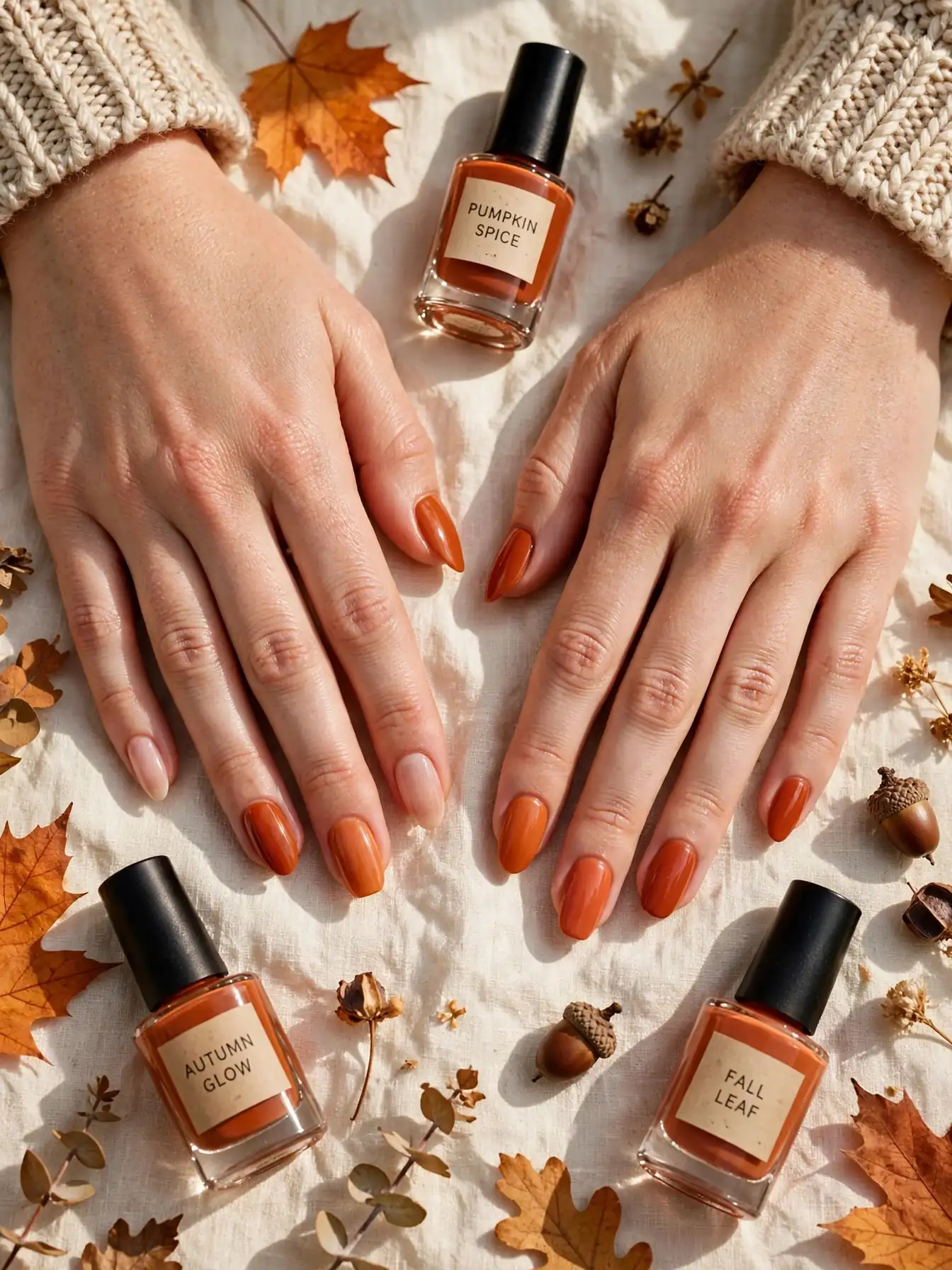 Flat lay of hands showing different nail shapes with fall polish bottles
