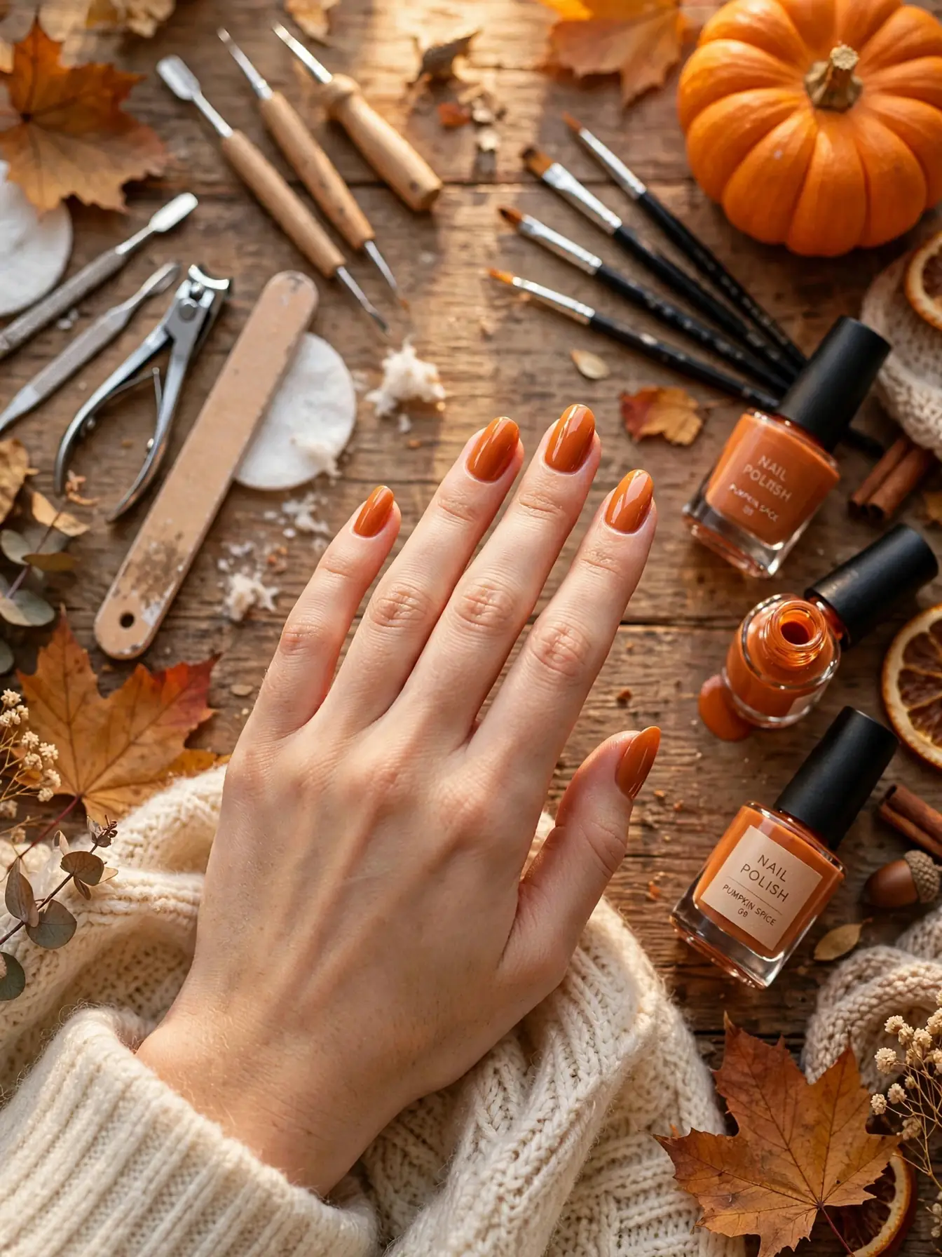 Manicure tools, dotting tools and pumpkin-orange polish bottles on a fall table