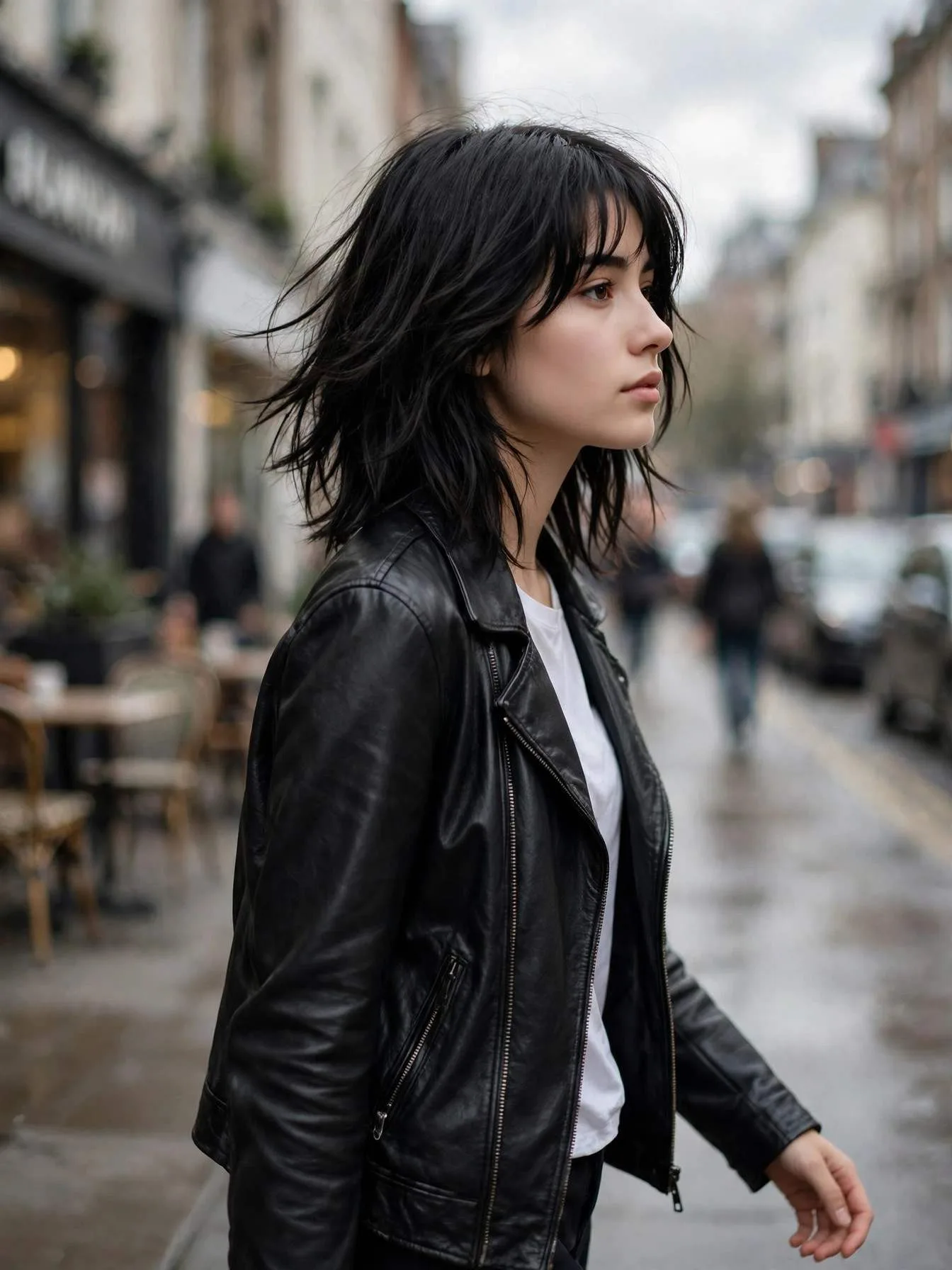 Woman with a black medium-length shag haircut with curtain fringe on a city street