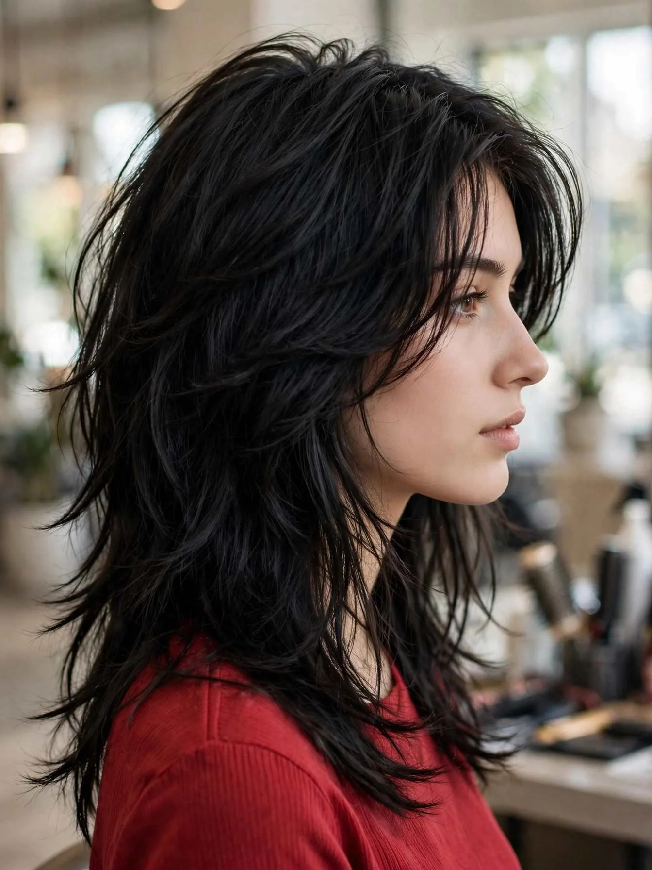 Woman with a black thick shag haircut with weight-removal layers