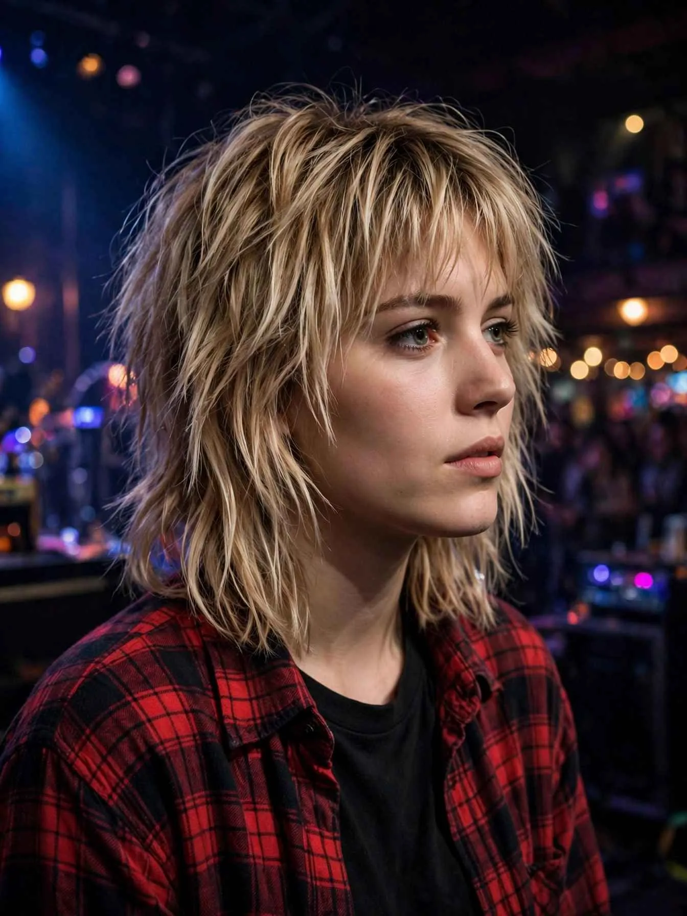 Woman with a dirty blonde 90s grunge shag haircut with grown-in fringe