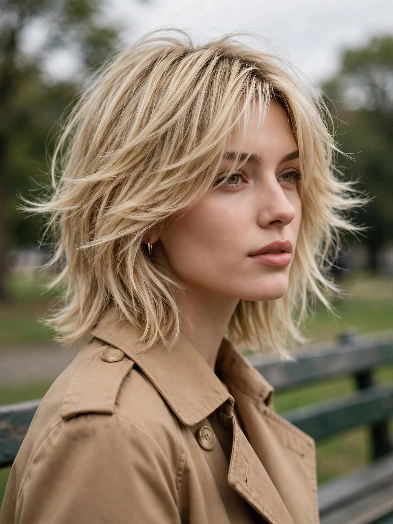 Woman with a blonde shag haircut with cheekbone-grazing face-framing layers