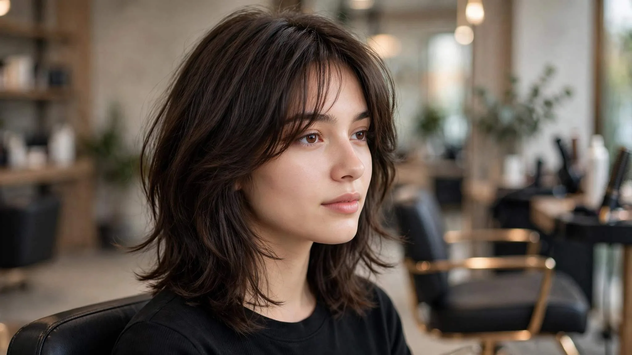 Woman with a dark brown modern soft shag haircut with curtain bangs in a salon