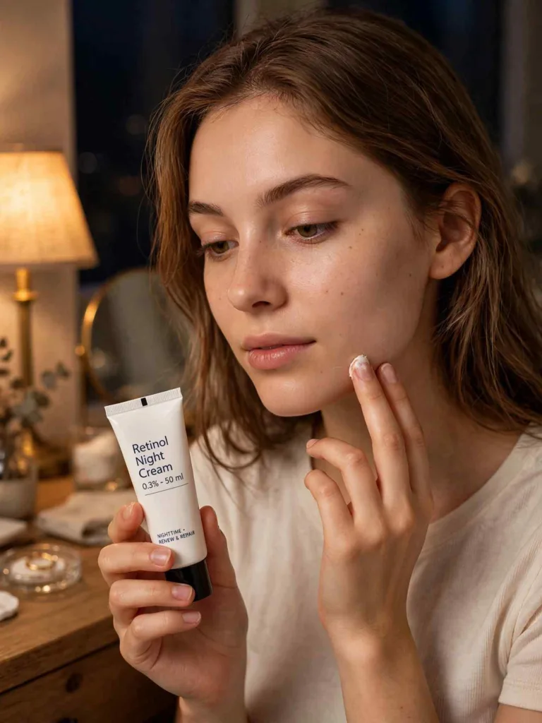 Woman applying retinol night cream during skin cycling routine