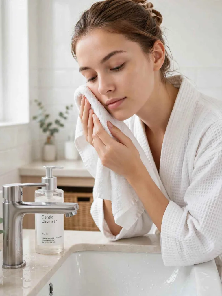 Woman patting her freshly washed bare face dry with a soft white towel at a bright sink beside a labeled gentle cleanser bottle