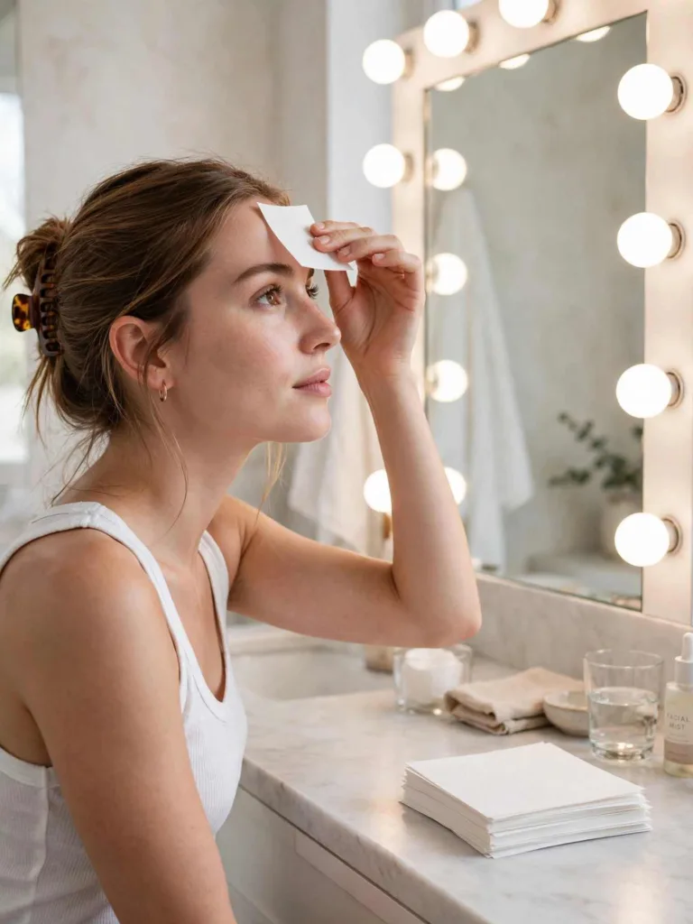 Woman gently pressing a white blotting paper sheet against her forehead at a bright vanity mirror, a stack of fresh blotting papers on the counter