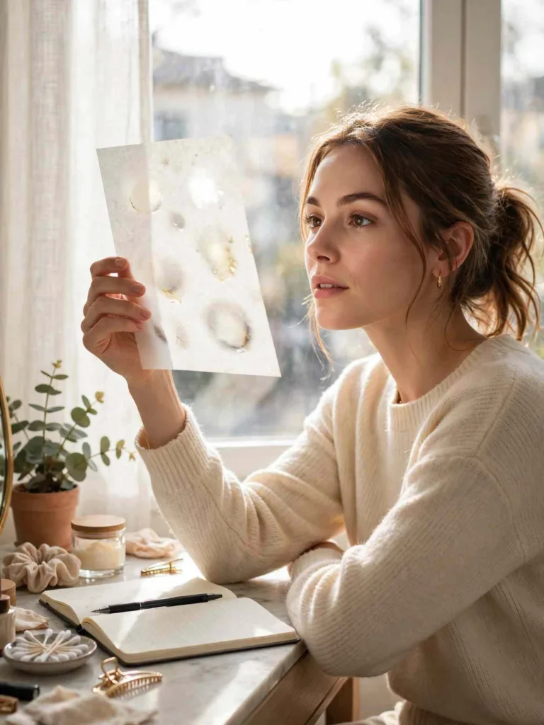 Woman holding a used blotting paper sheet up toward bright window light to read the oil marks, a notebook and pen on the vanity beside her