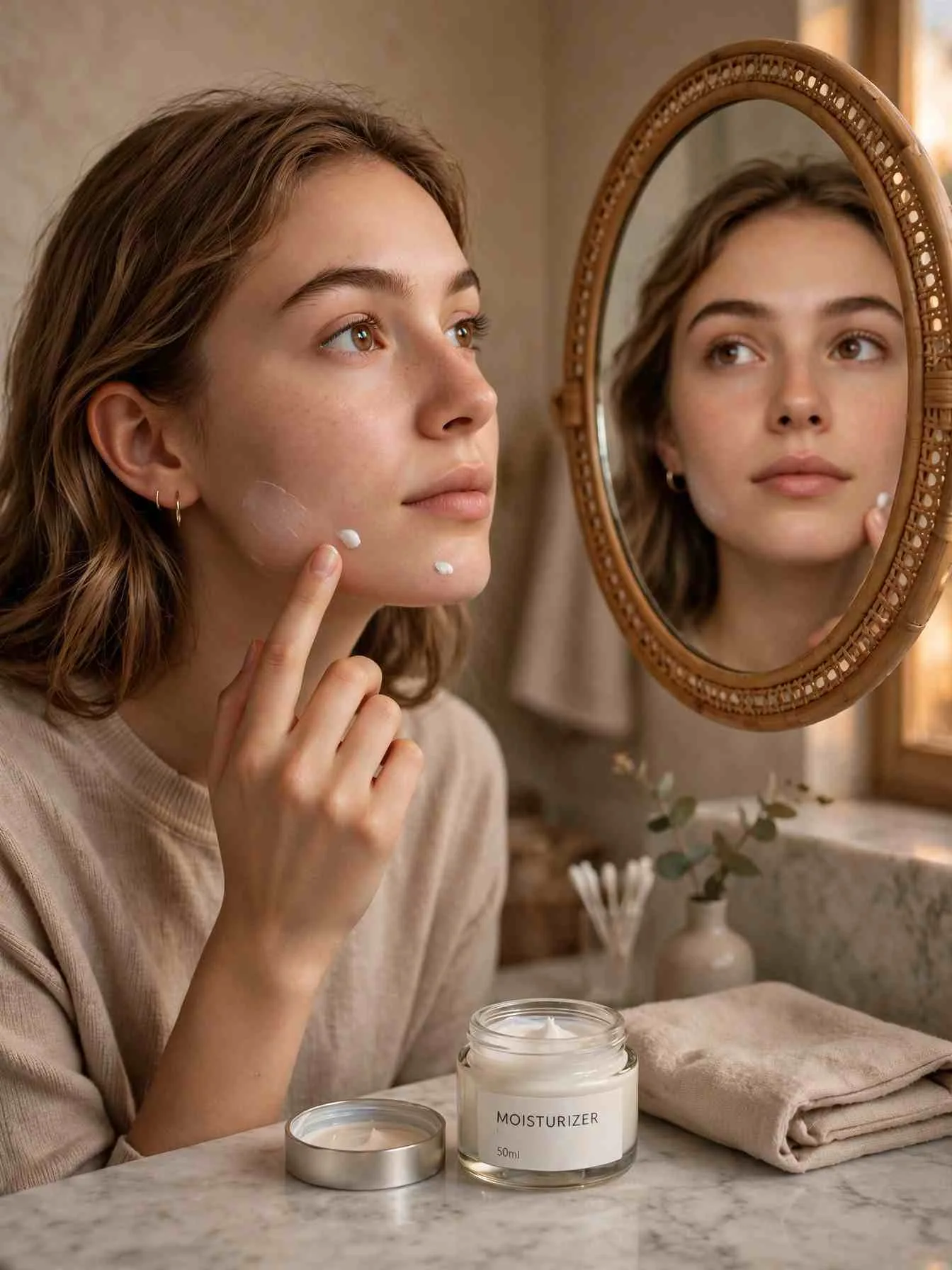 Young woman patch testing moisturizer on her jawline in front of a bathroom mirror