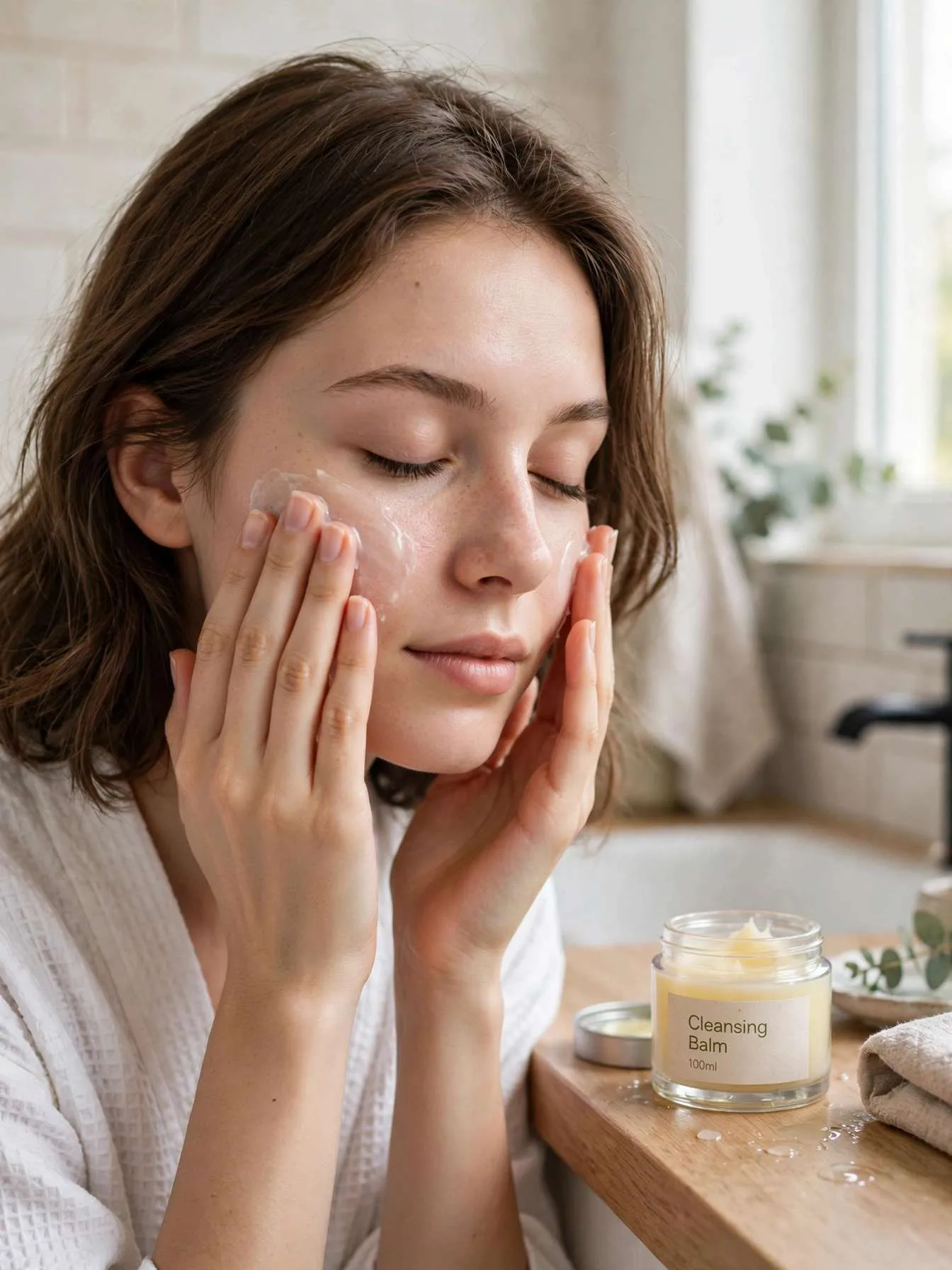 Woman massaging cleansing balm onto her face for the double cleansing step of a glass skin routine