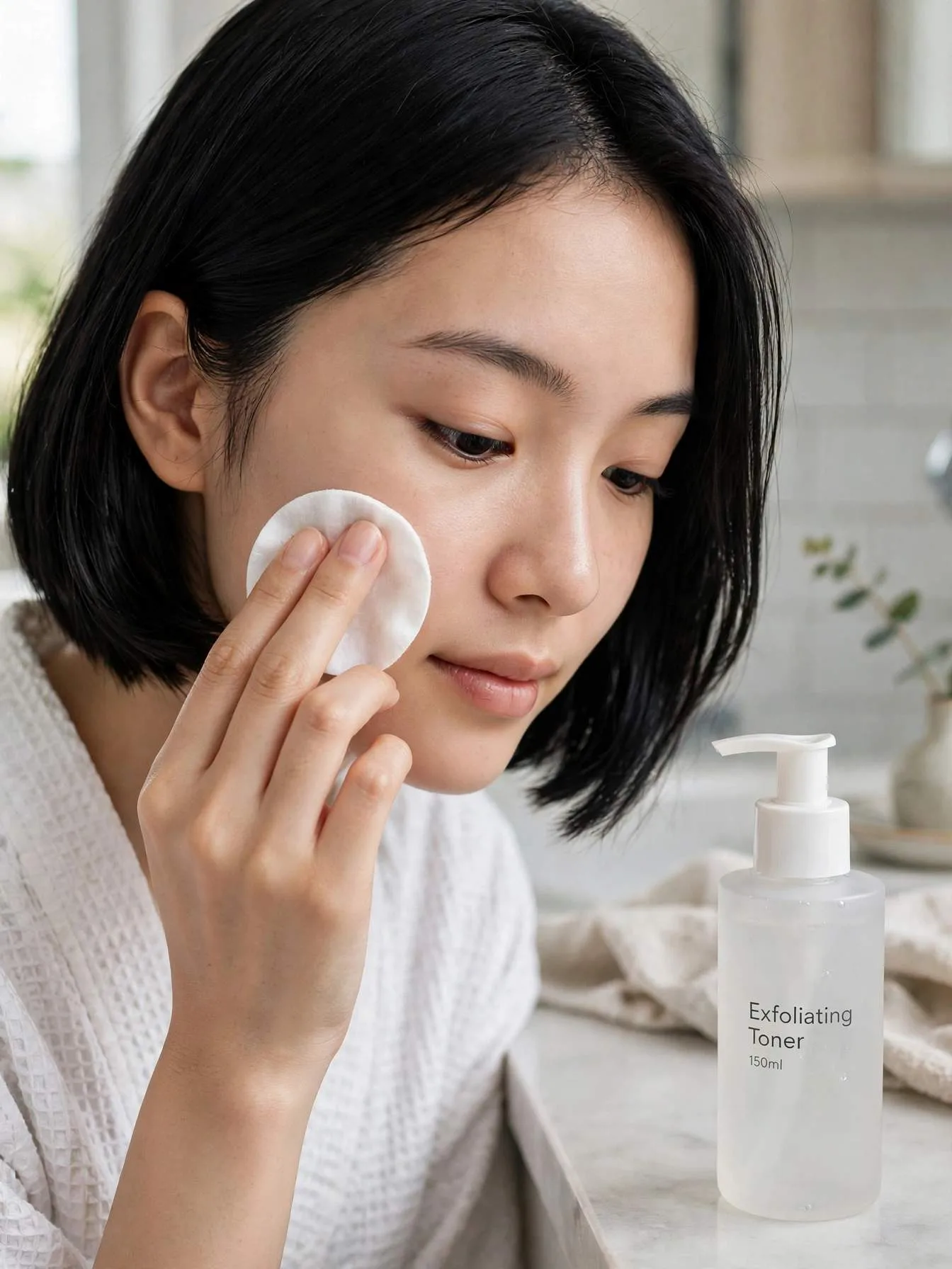 Woman applying exfoliating toner with a cotton pad for glass skin