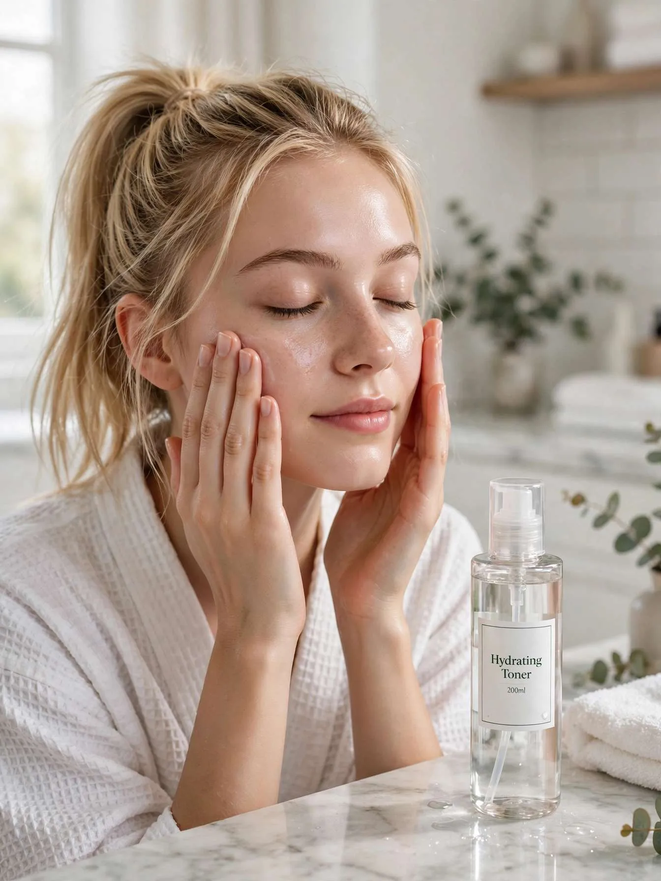 Woman patting hydrating toner into her skin for a dewy glass skin routine