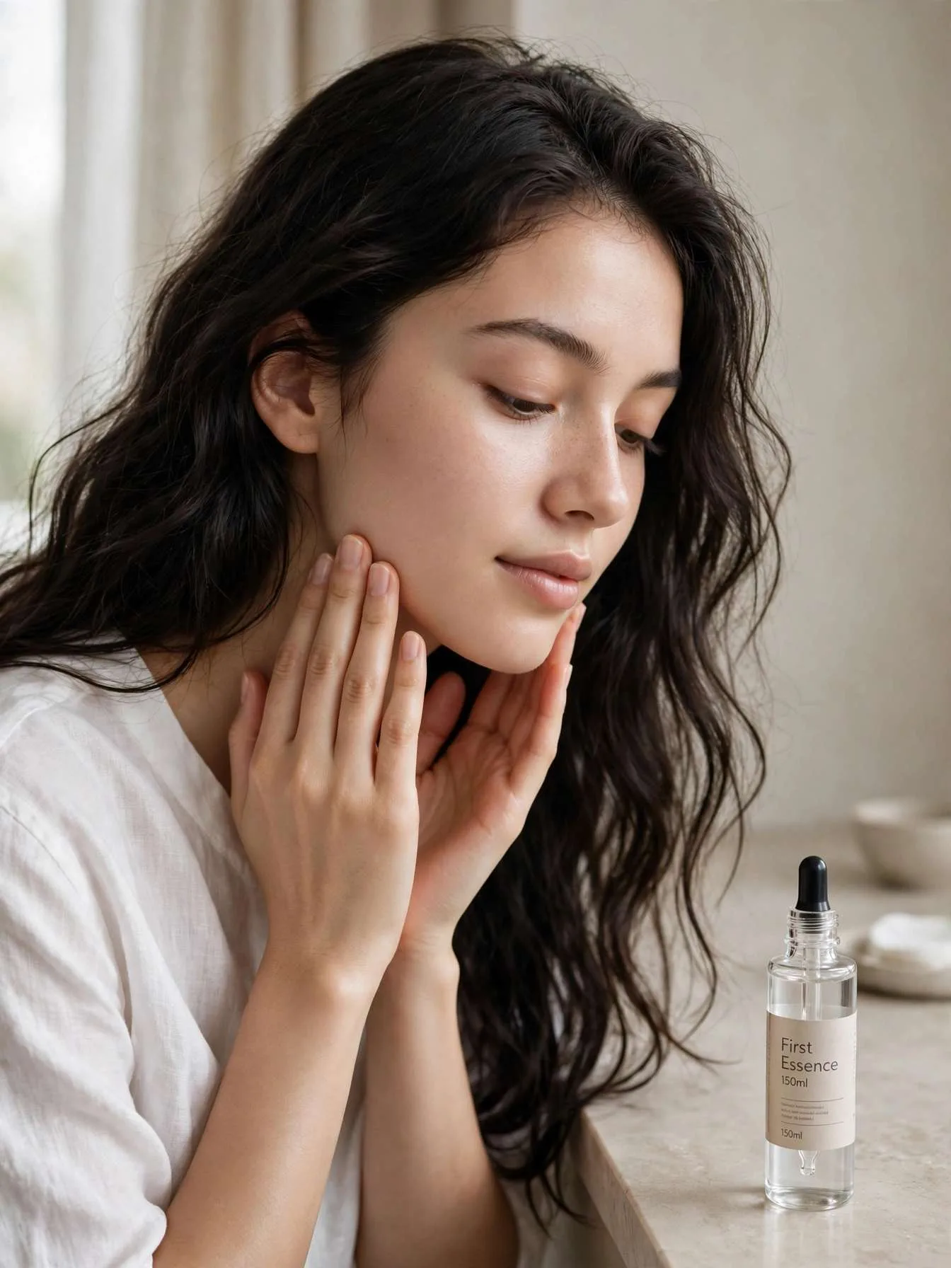 Woman pressing hydrating essence into her jawline and neck