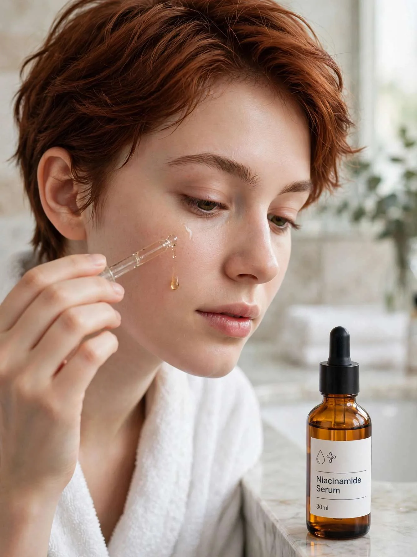 Woman applying niacinamide serum drops to her cheek