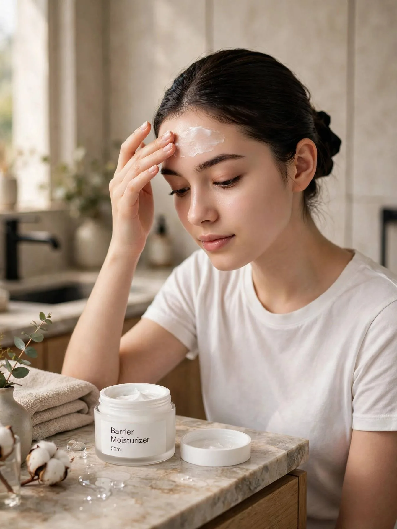 Woman smoothing barrier moisturizer over her forehead
