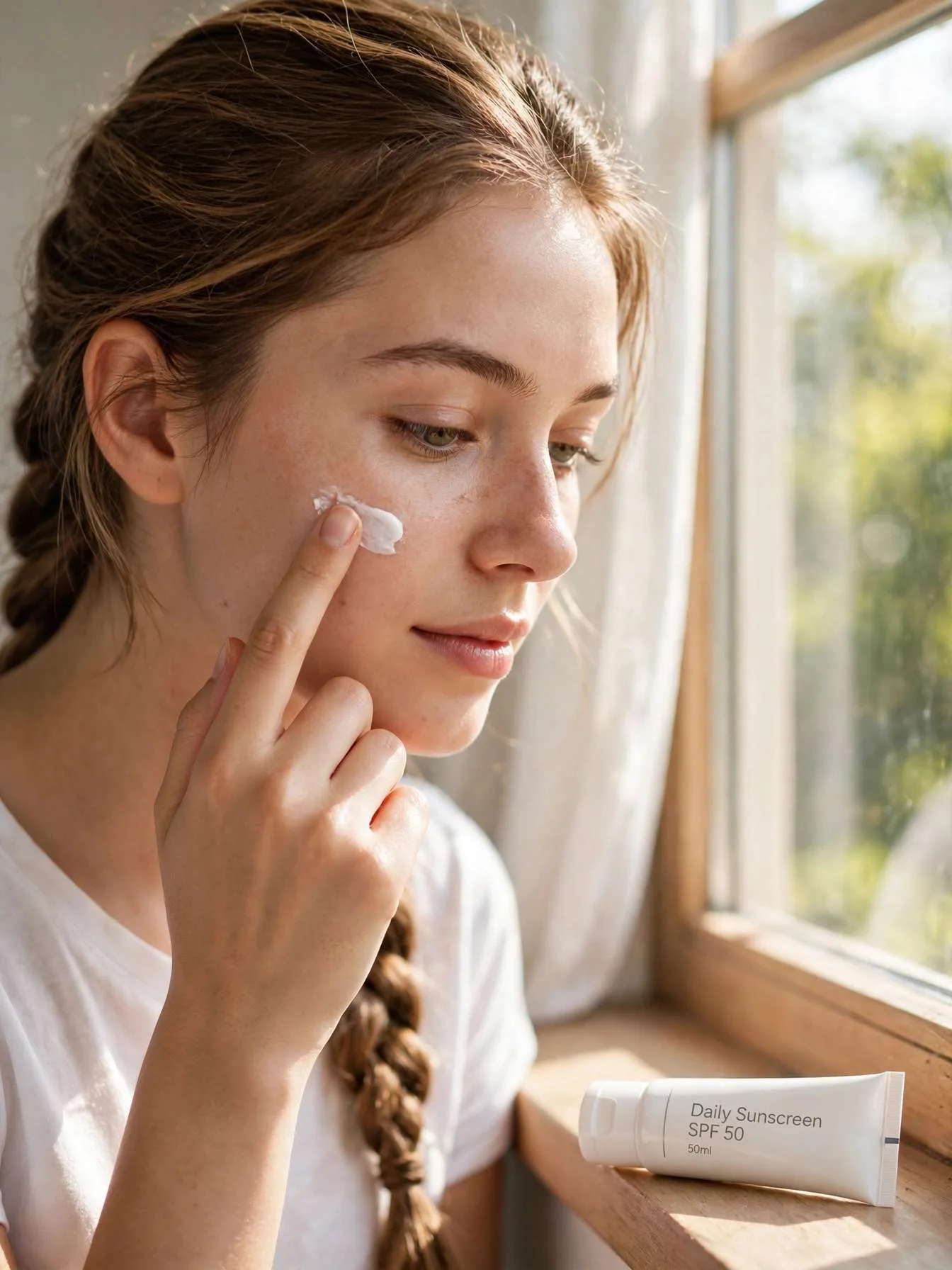 Woman applying SPF 50 sunscreen by a sunlit window