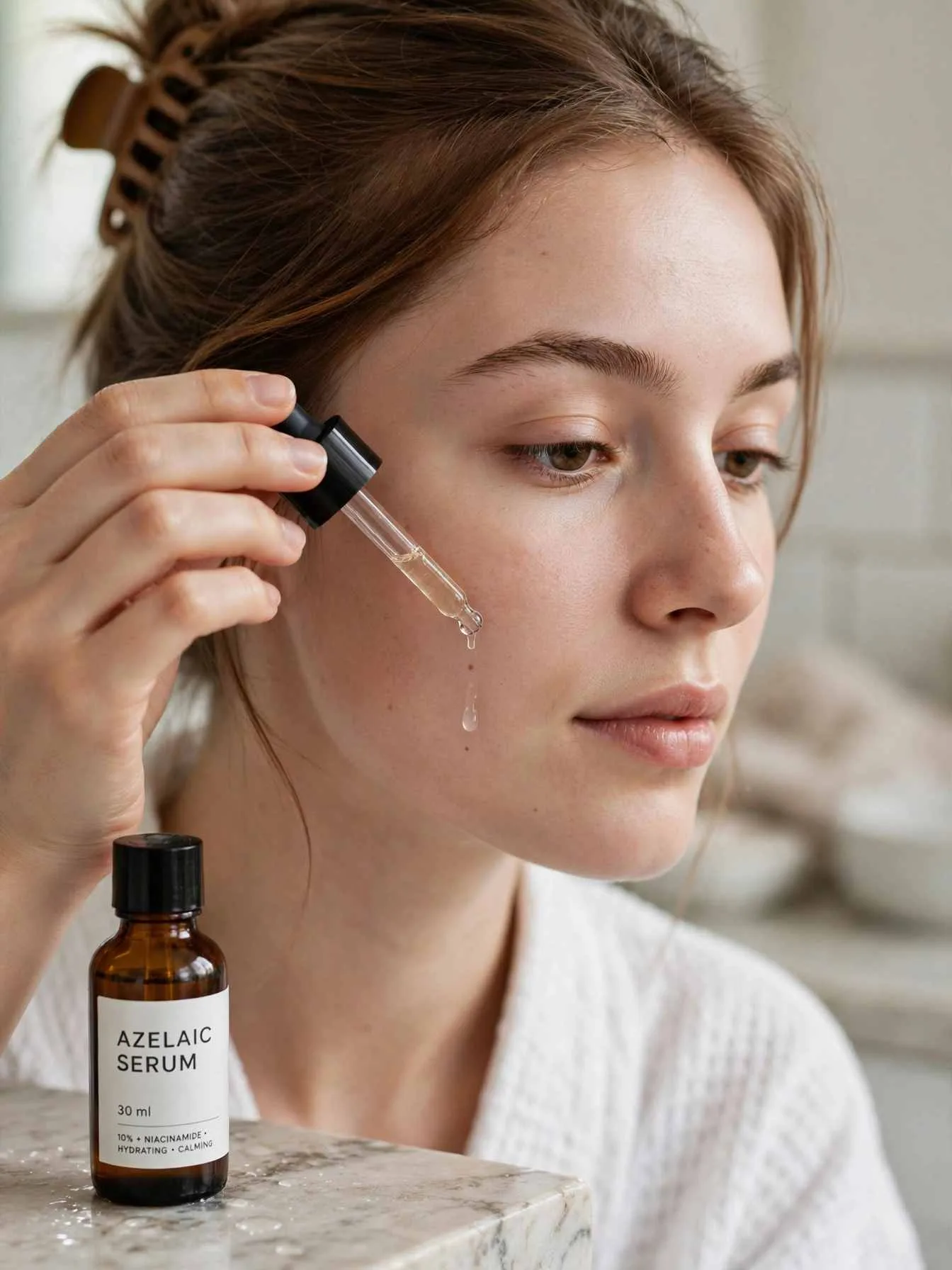 Applying facial serum to the cheek with a glass dropper