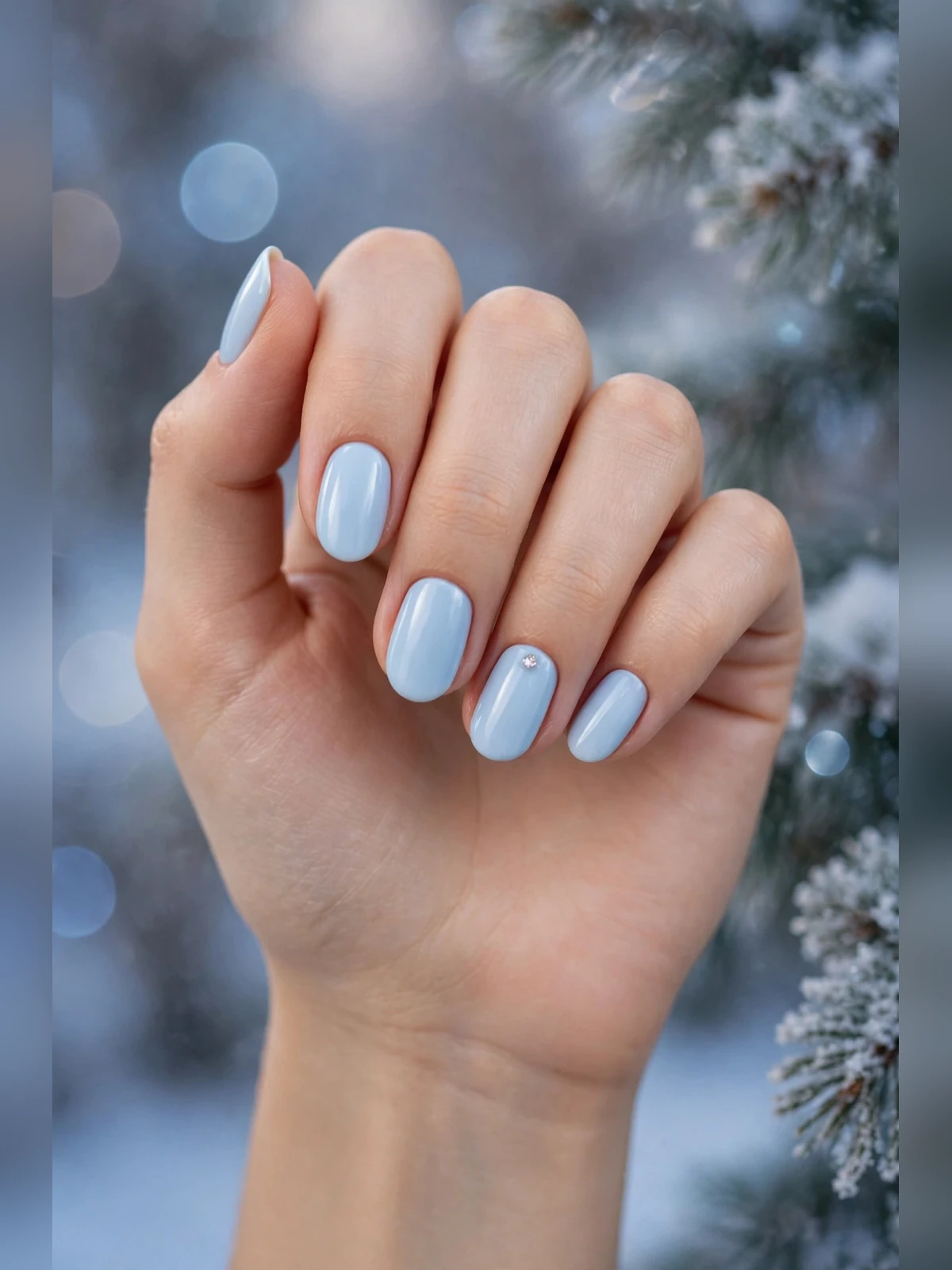 Baby blue almond nails with a tiny rhinestone on each ring finger