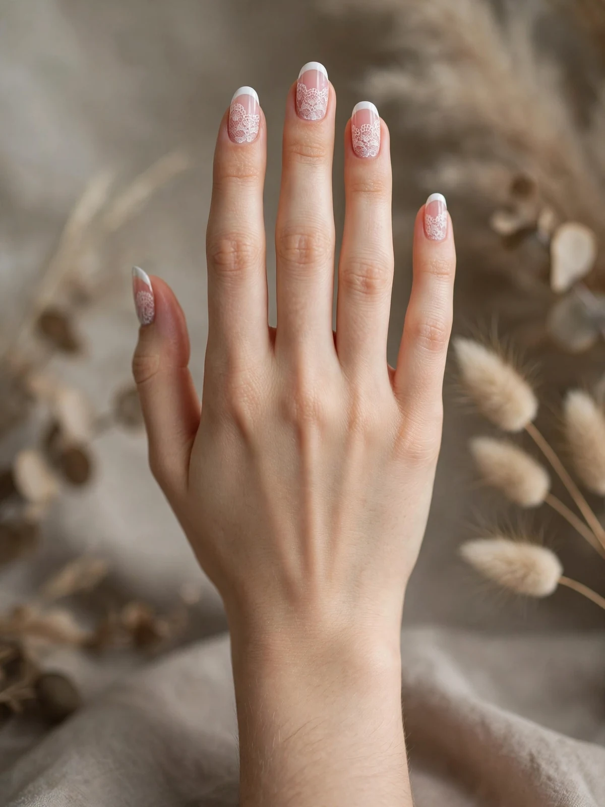 French tip nails with delicate white lace stamping on a sheer pink base
